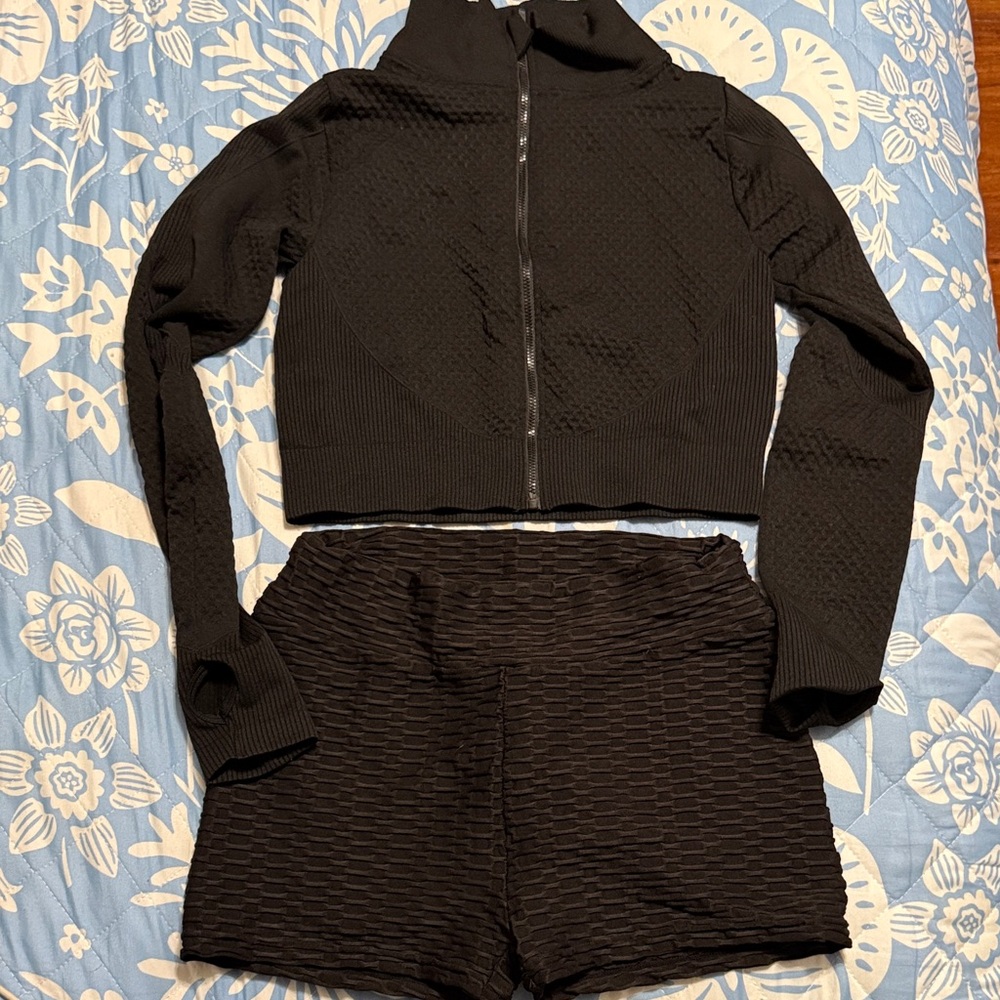 Black Textured Zip-Up Jacket and Shorts Set